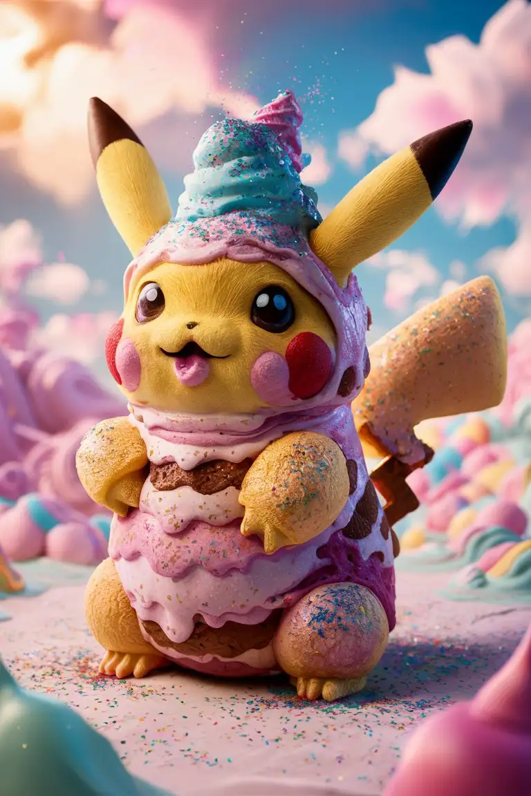 Pikachu made of ice cream 8k,3d,fantasy art,insanely detailed,hd,realistic,colourful,pretty, ice cream pikachu