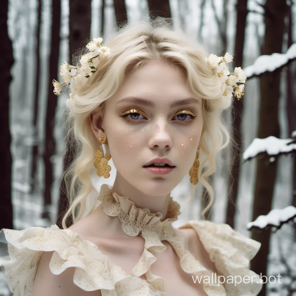 mid shot magazine cover photography, blonde model, pale dewy skin, golden glitter on face, small pale pastel blossom flowers randomly placed in hair, golden earrings, lace, ruffle dress, haute couture, snowy forest background 35mm, f/1.8
