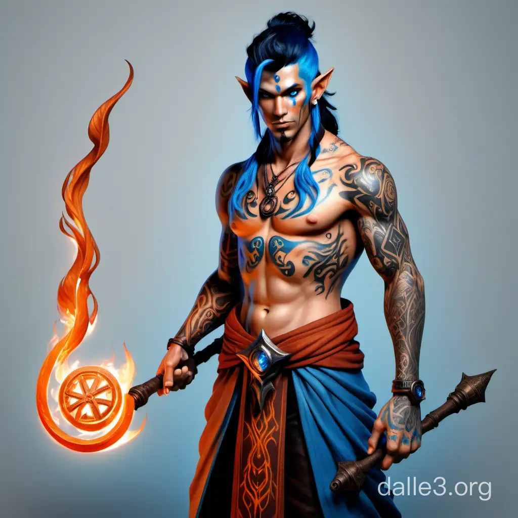 A male fire genasi sorcerer with orange skin with tattoos, bright blue eyes, black hair, holding a staff