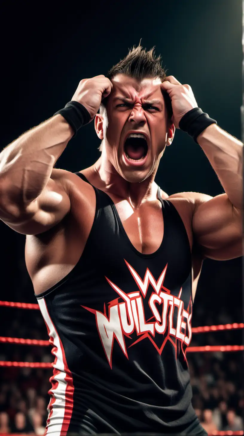 A young, furious and sexy male wwe wrestler. He has huge and perfect muscles. Hes face and short hair is perfect. He is allso screaming in anger from being humiliated. He is ripping hes hair out of hes head in fury.
He is wearing a wrestling singlet.
