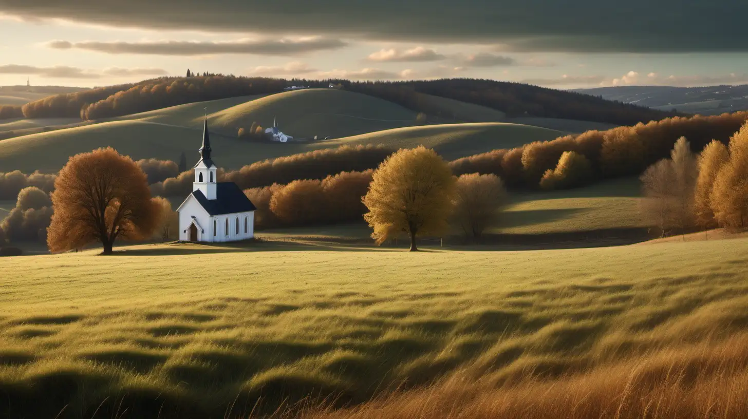 View of a meadow in autumn at evening, rolling hills, a small white country church in the distance. Highly detailed, photographic quality, cinematic lighting.