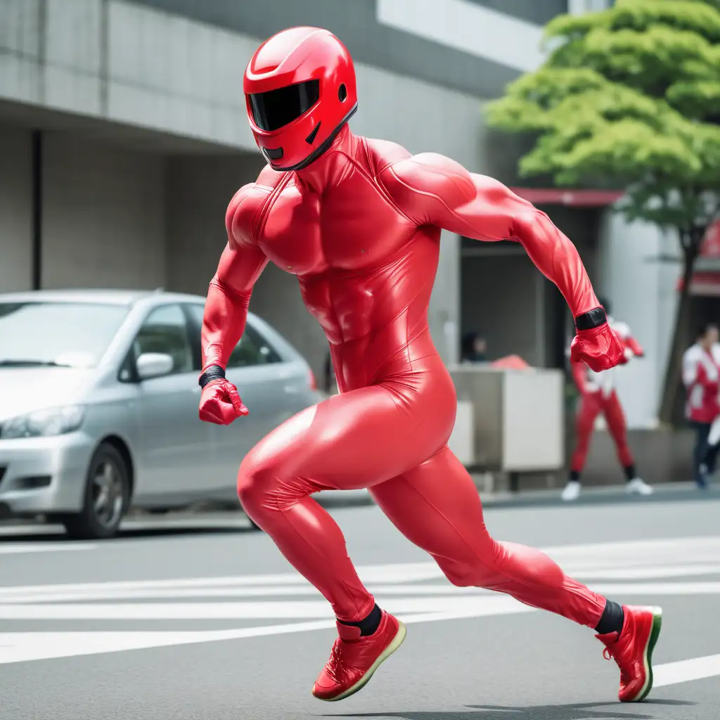 Dynamic Watermelon Red Sentai Sprinter Unleashes Energy Blast in Japanese Street