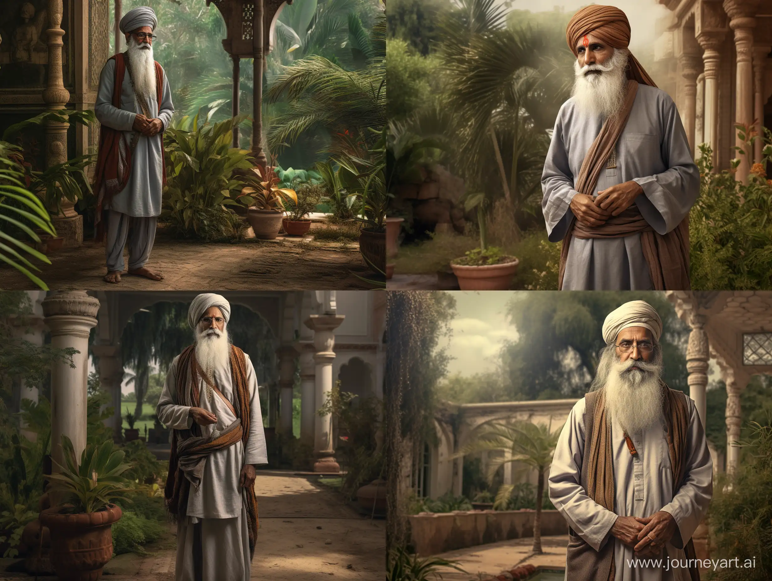 Old indian man, 60 years old, standing in old indian garden, late 19th century, indian architecture, old man with glasses and large grey beard, patchy clothes, long indian clothes, turban on head, glasses, vintage, realistic, uhd, 4k, hyper realistic, full body image, cane