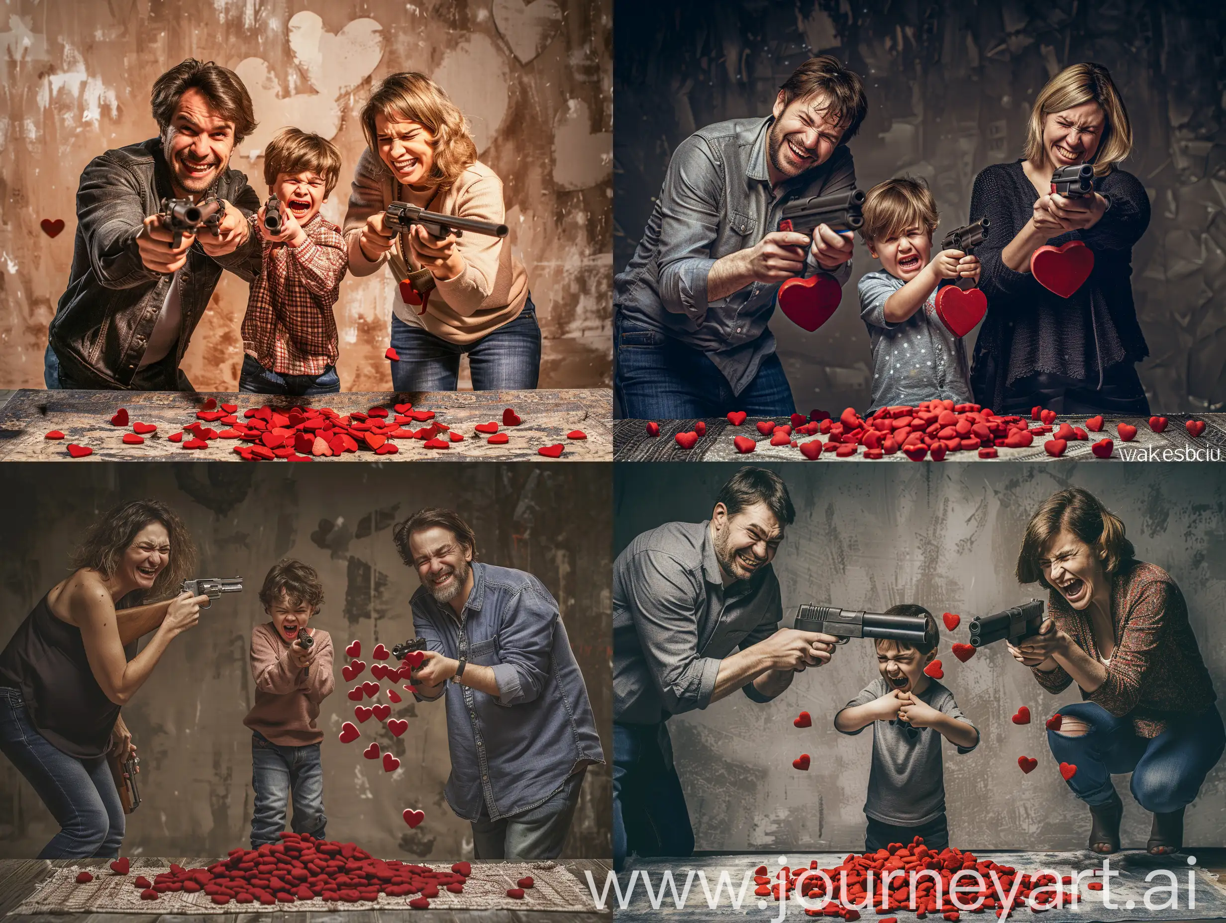 Cinematic dark horror photo of Middle-aged man and woman smiling Turning to face the boy standing between them. They held guns and shot many hearts out of the barrels at the cute little boy standing between them. The little child was crying and in pain. There was a pile of hearts on the floor under the child's feet.