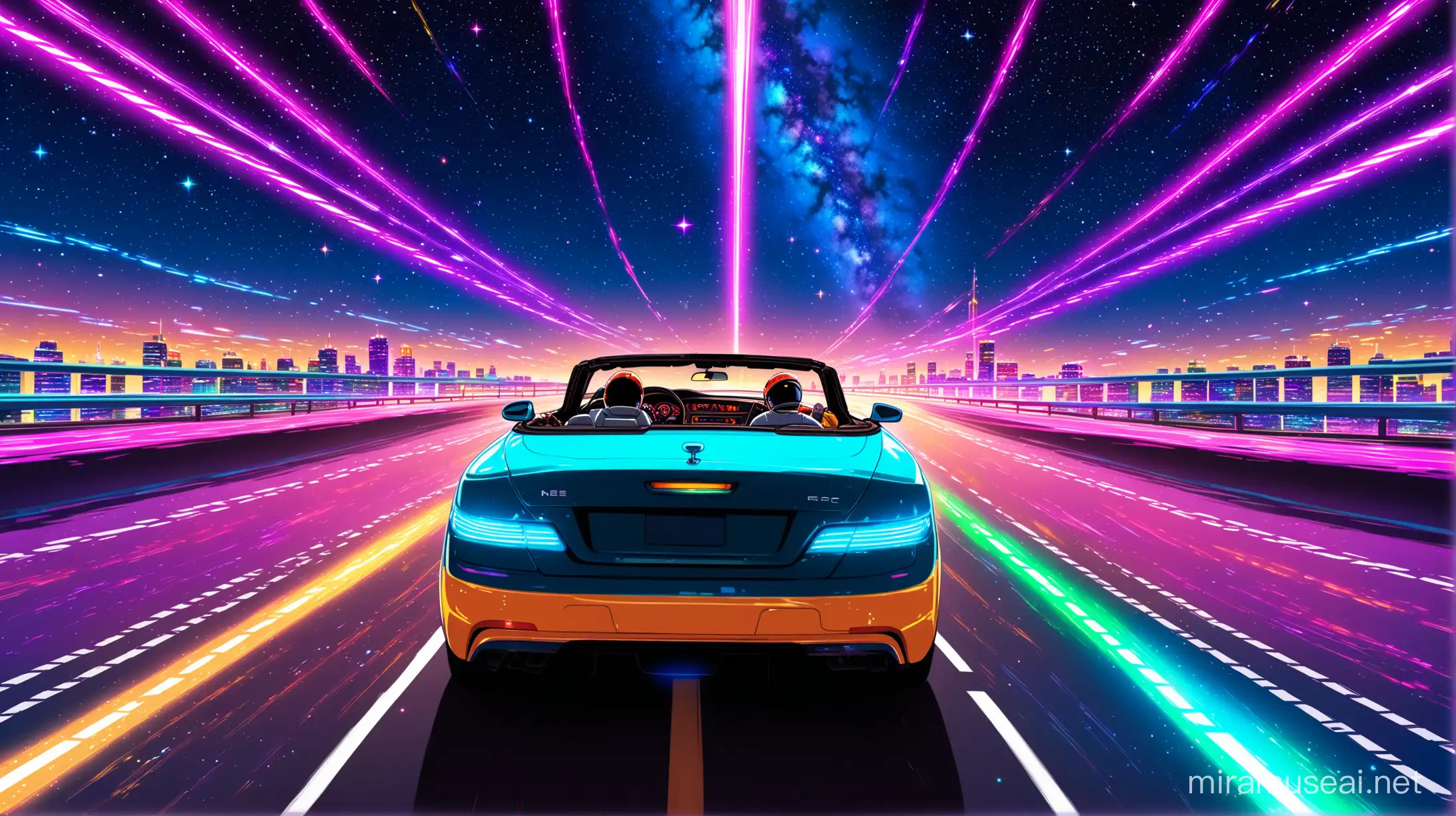 a man in space suit drinving a convertible car in a spacial highway at highspeed, surrounded by stars, a lots of colors, neons, buildings