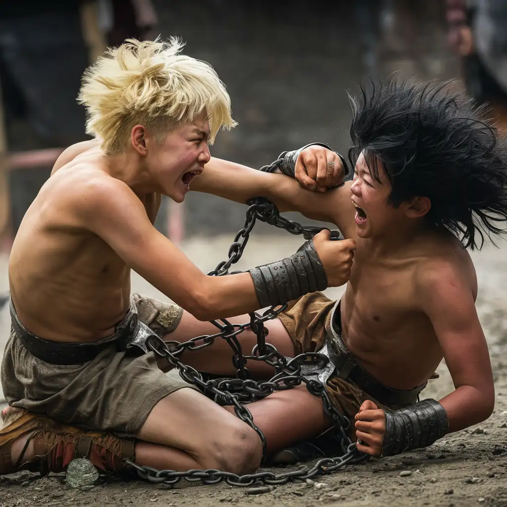 Ancient Teen Boy Slave Catfight Blonde vs Black Hair Chains Fight