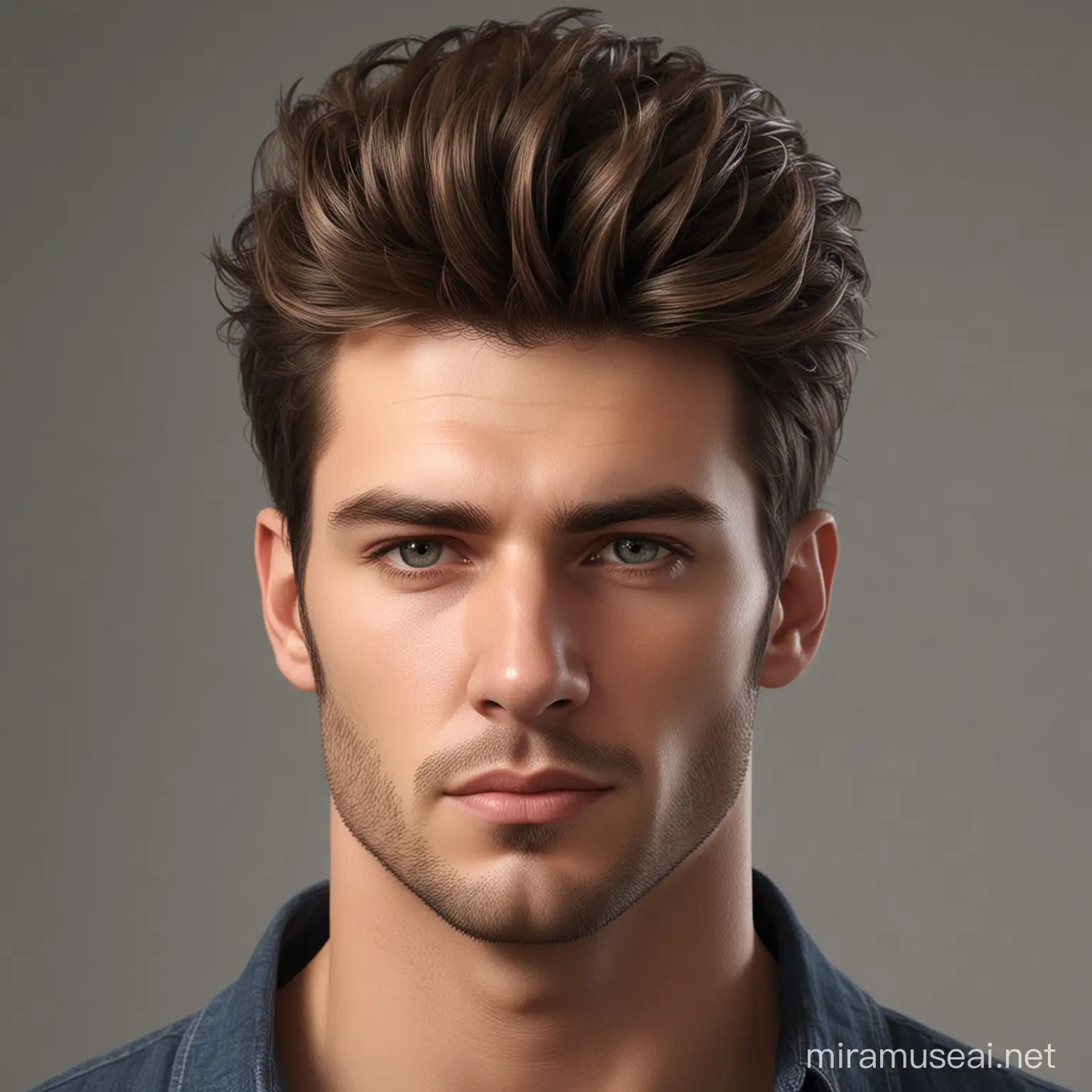 "Generate a photorealistic image of a man with a stunning hairstyle. The hair should have a detailed texture that looks natural and unaltered.