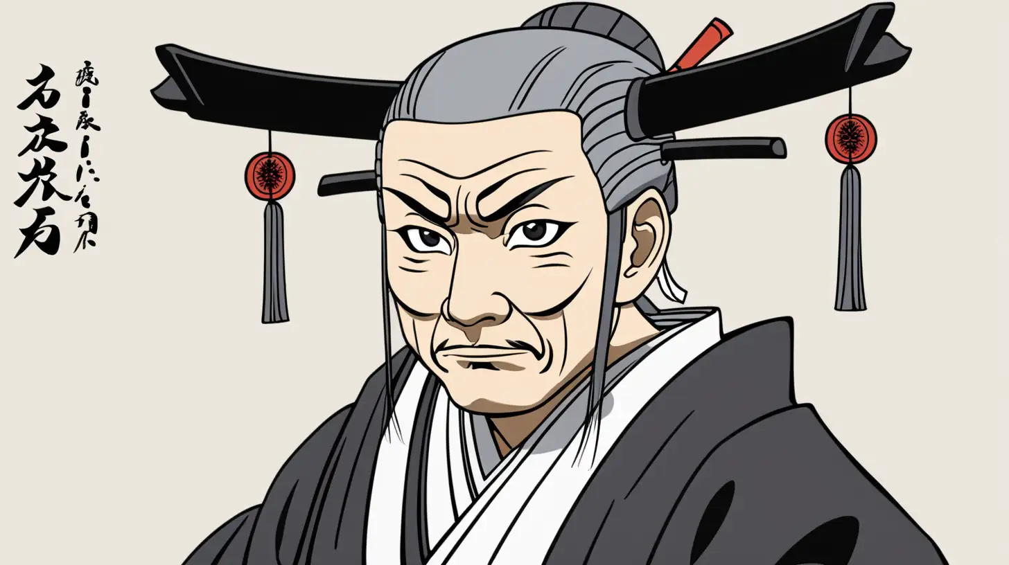 Daimyo who consolidated the foundations of the Aizu clan.

Age: 50s.
Costume: black.
Hair: Grayish hair in place.
Wearing. He wears a small black circle on his head.

Face: calm, with an expression of wisdom and
Gentle expression, showing wisdom and receptiveness.
