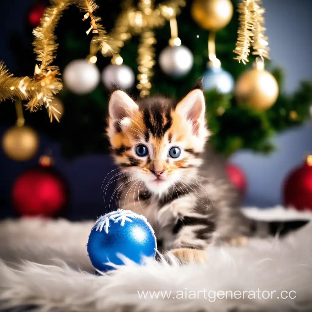 Playful-Kitten-with-Toy-by-New-Year-Tree