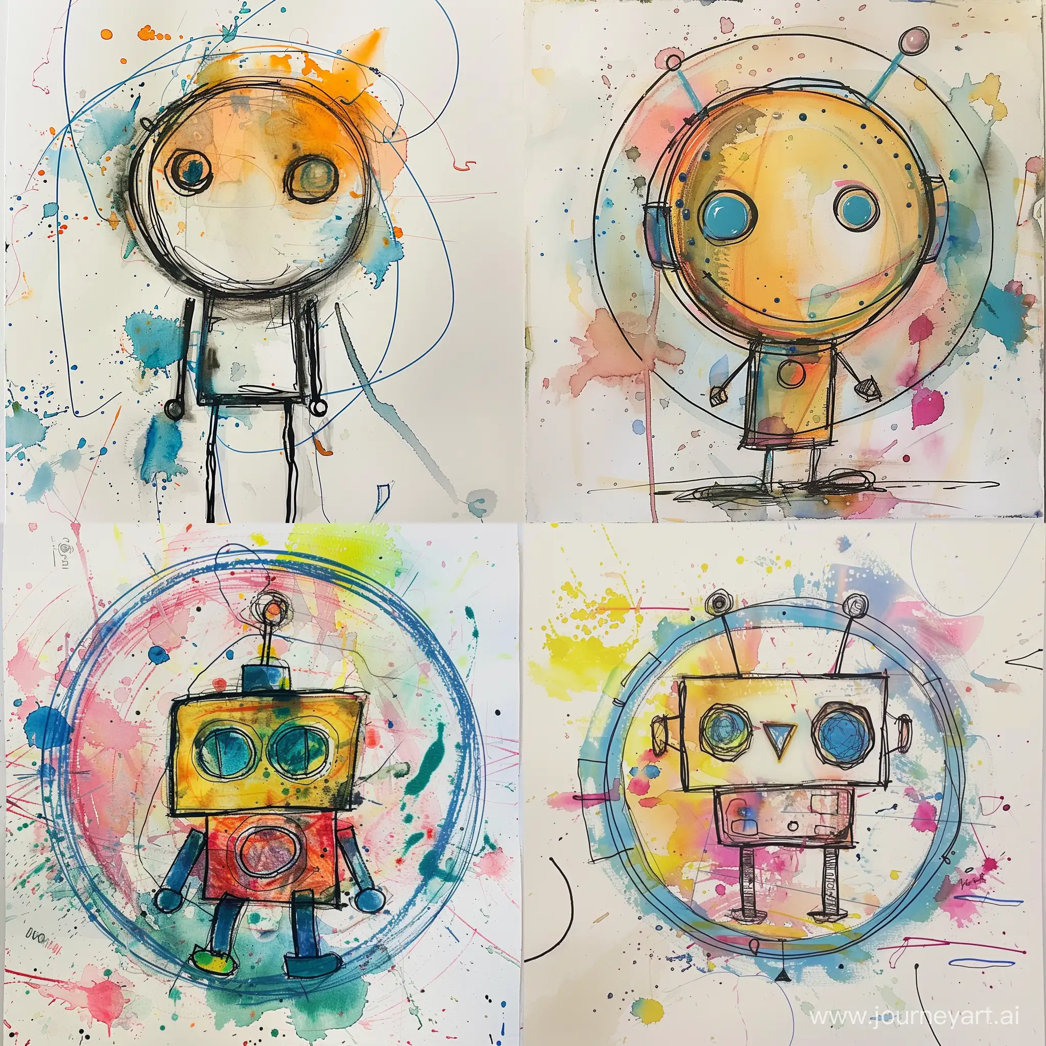 Acid Art with encaustic round shapes gestural loose watercolor painting of a whimsical robot drawn by a 5 year old child, accented with soft blue pen and ink lines, color with splashes