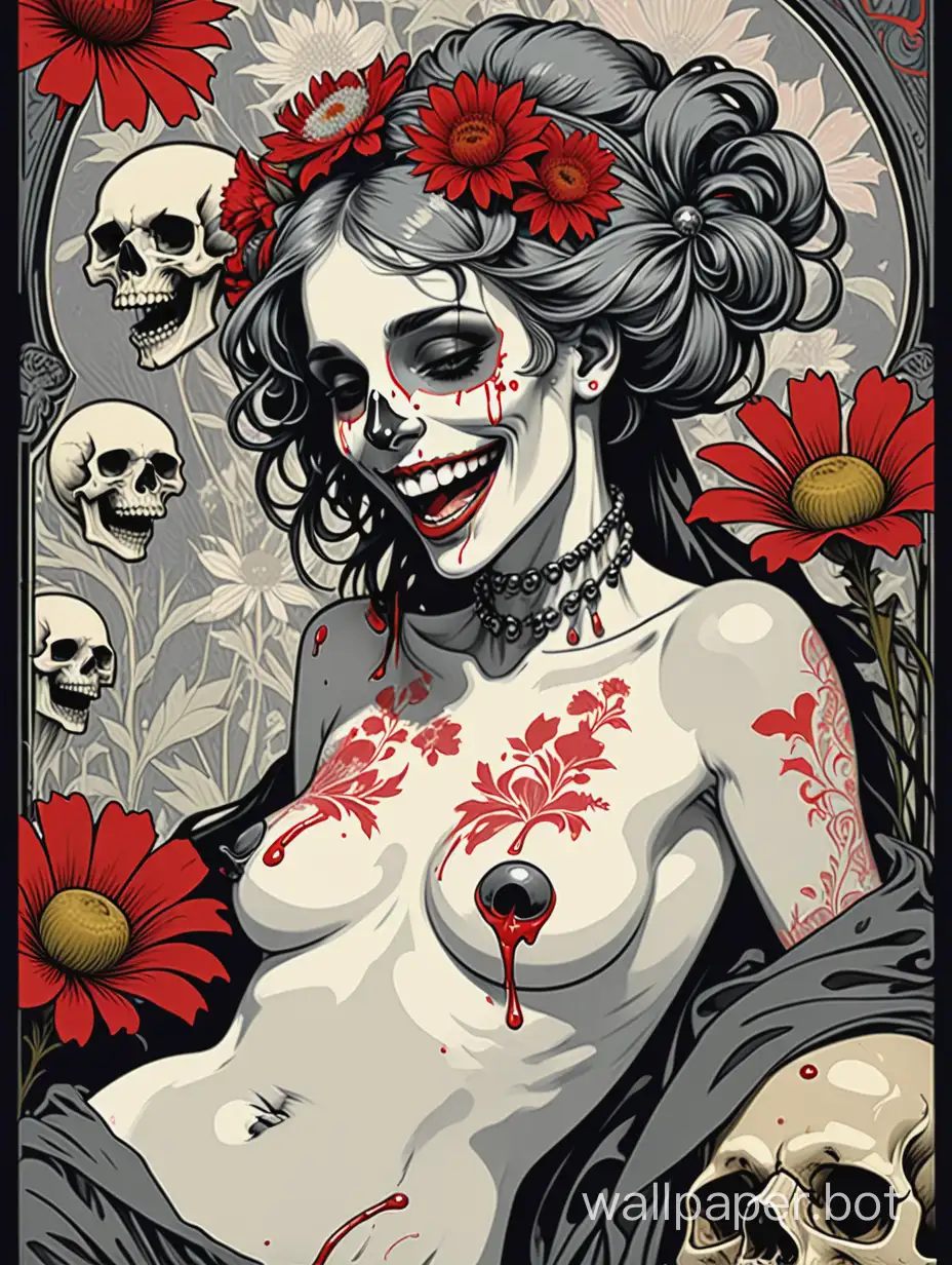 punk Odalisque, gorgeous laugh, skull face, assimetrical, alphonse mucha poster, highcontrast wildflowers dripping paint,william morris background, high textured paper, hiperdetailed lineart , black,gray, explosive red, sticker art