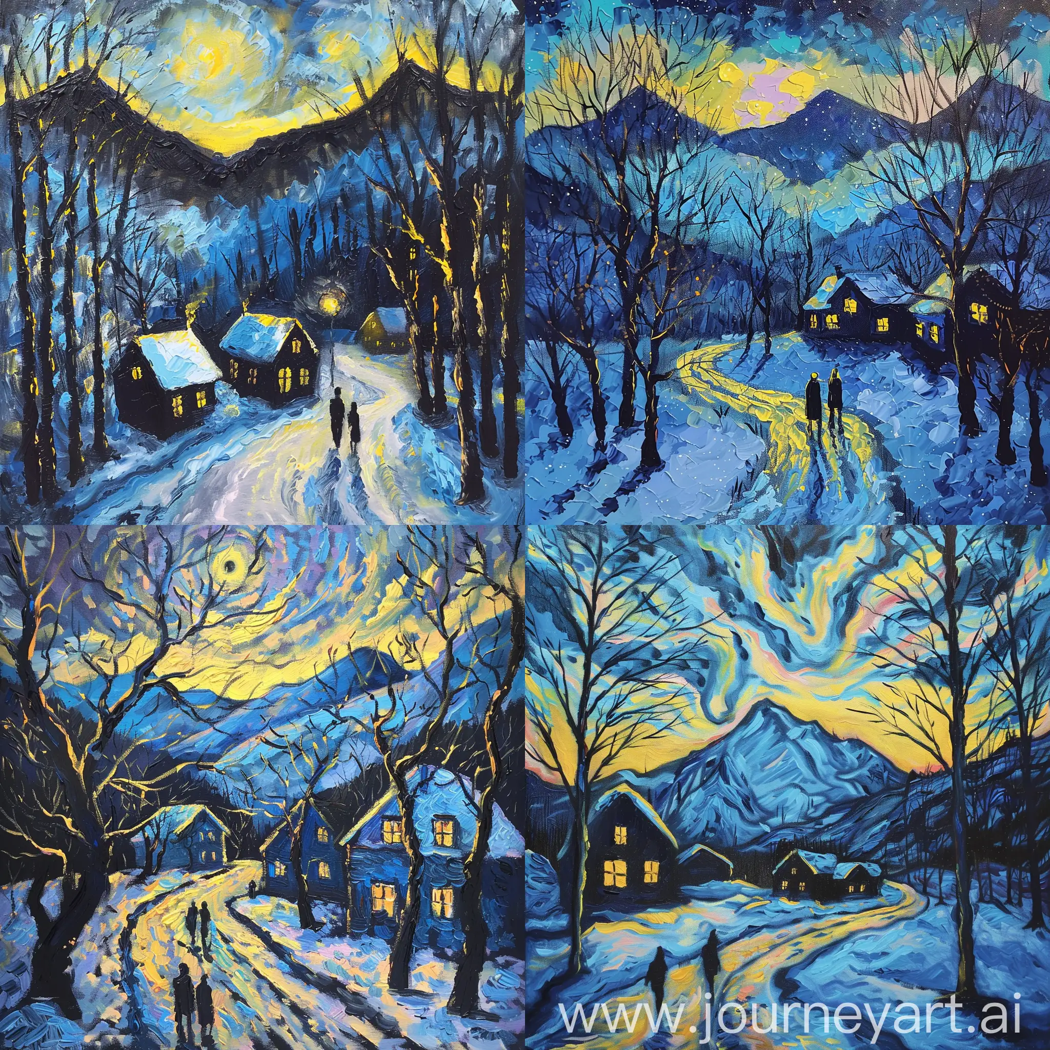 oil painting capturing the essence of a nocturnal landscape with elements of Post-Impressionism Foreground should Include a path or road with bold strokes of yellow and blue to suggest moonlight reflection. Add two figures walking away, dressed in dark clothing for silhouette effect. Midground should include Scatter small, dark houses with glowing windows among bare, leafless trees. Background should include Feature a large mountain range in shades of blue with snow-capped peaks. Create a dynamic sky of blue and black for a turbulent night sky effect. Color Palette should Use a striking palette of blues, yellows, and blacks for vibrancy and energy. Contrast warm yellows against cool blues for visual impact. Unique Features should realistic representation for emotional expression. Emphasize mood and atmosphere through color and brushwork. By incorporating these detailed elements and following the style and color palette described, create a similar artwork that captures the beauty and emotion of a nocturnal journey in a Post-Impressionist style. with bright pastel colours