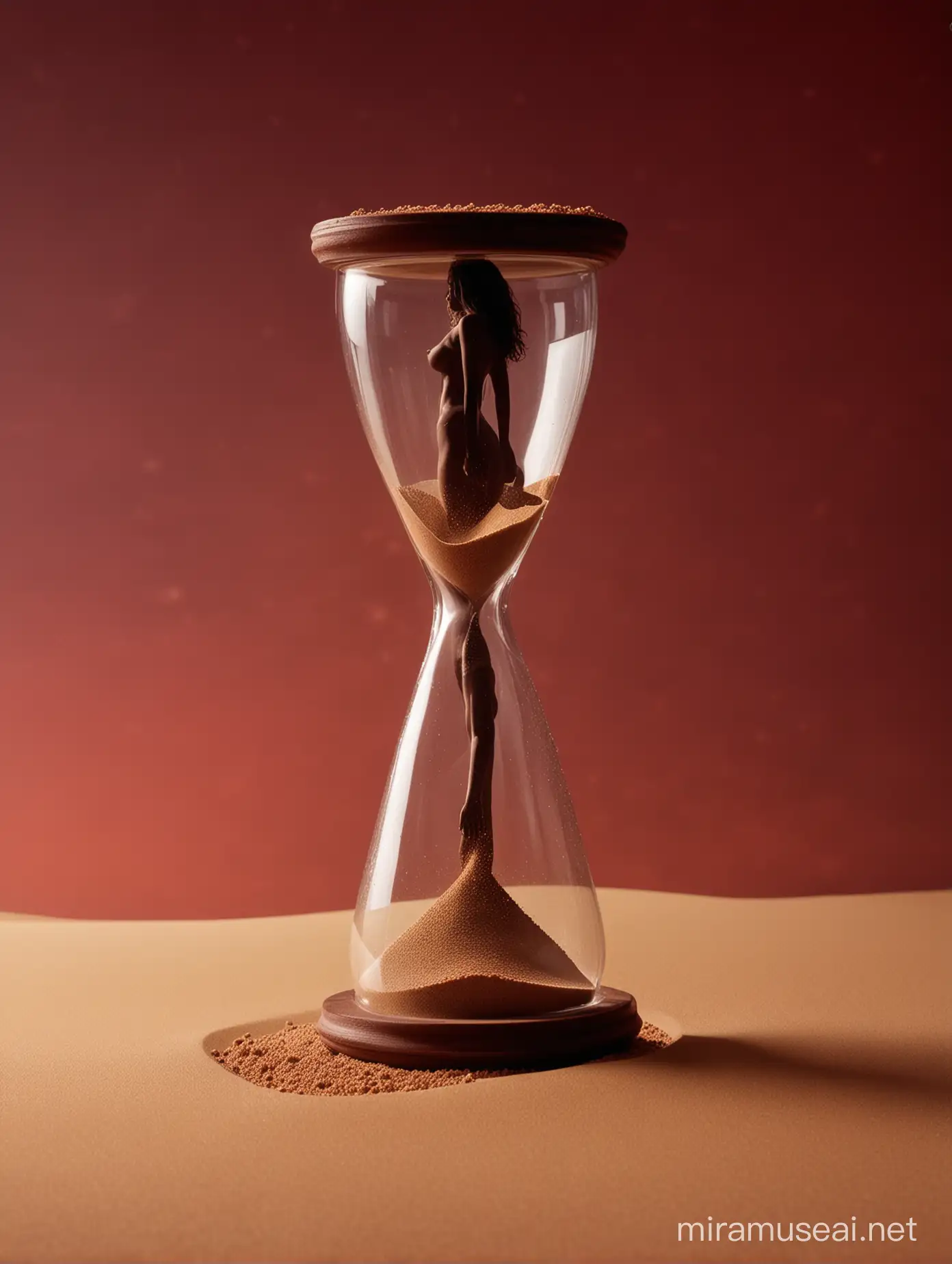 Hourglass Silhouette of Woman with Falling Sand on Dark Red Background