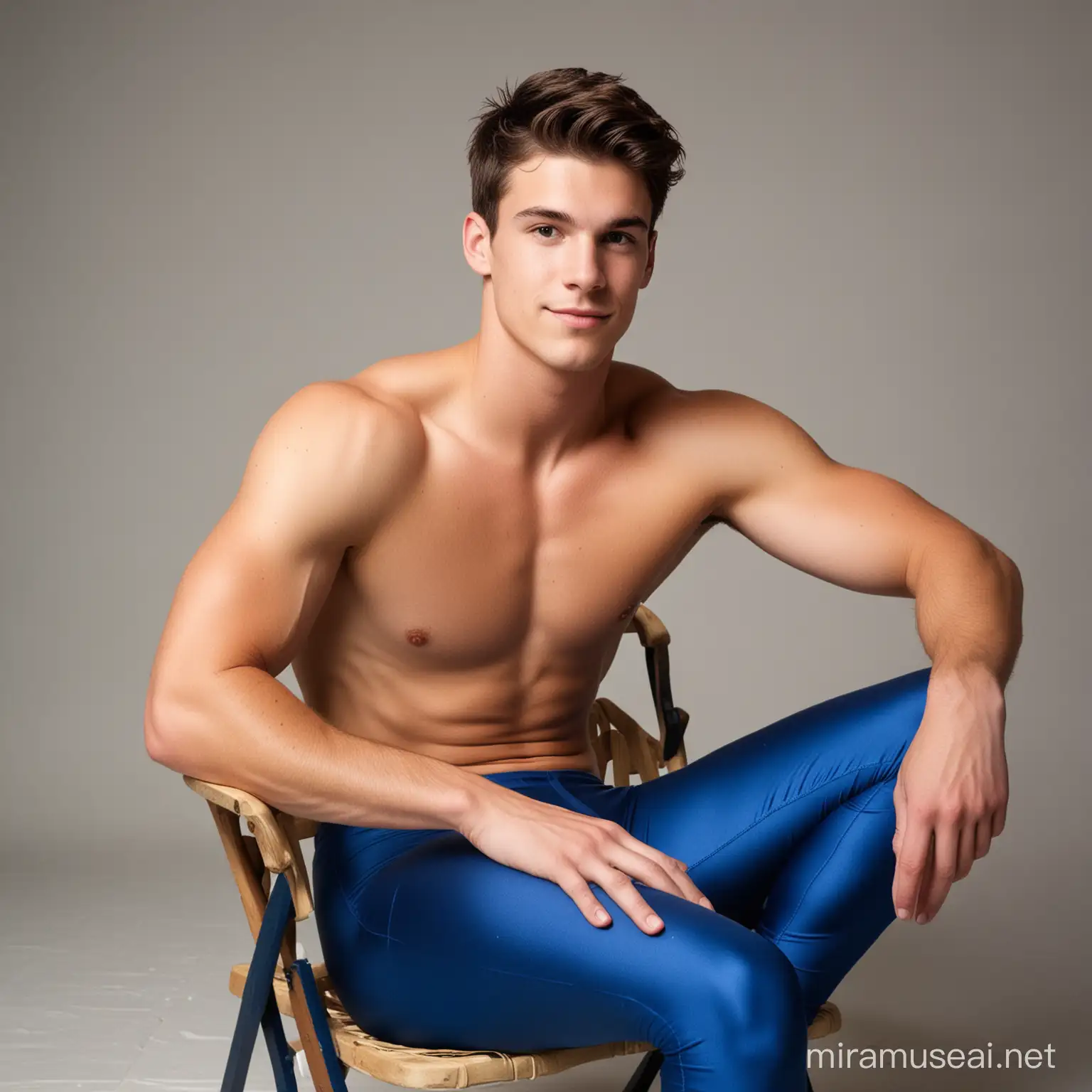 Handsome dorky shirtless 22 year old American male swimmer; with short chocolate hair, wearing long cobalt blue spandex leggings, sitting in chair