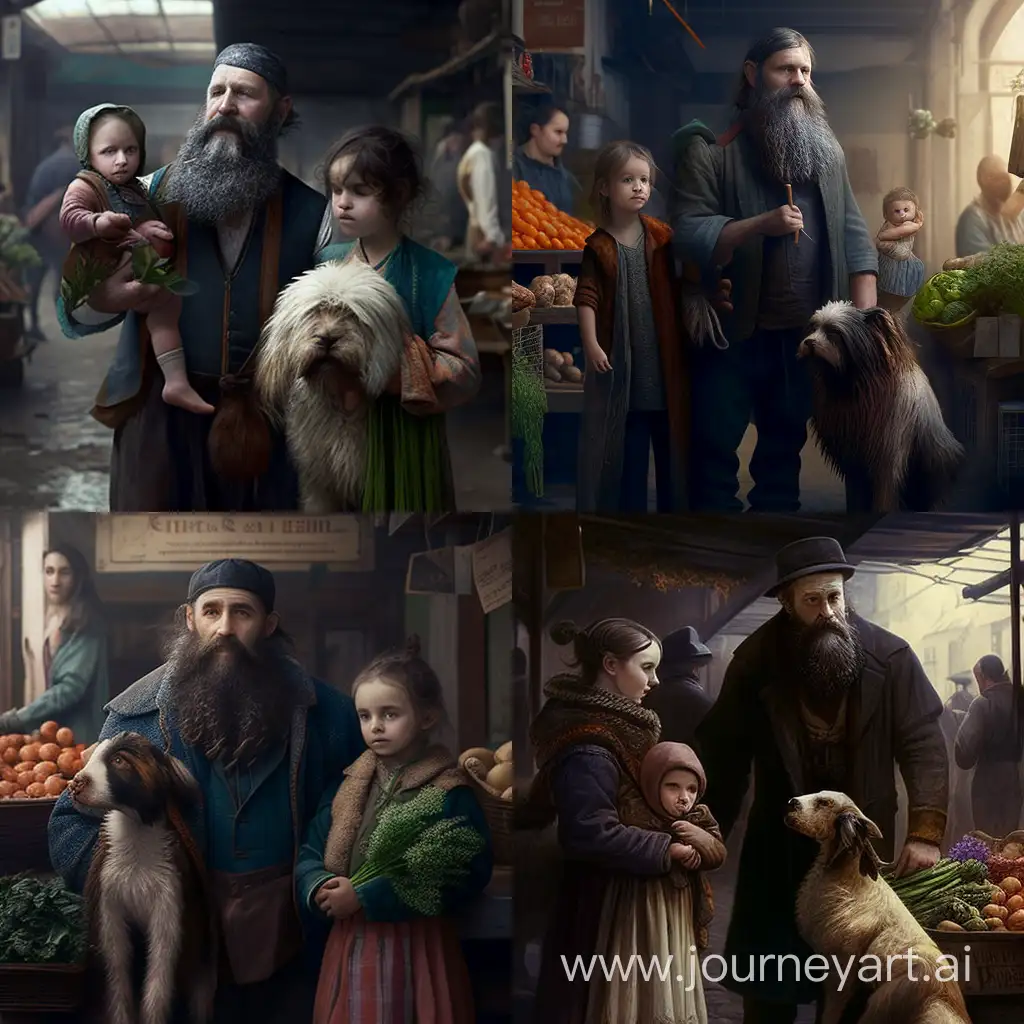 رجل ذو لحية طويلة معه طفل صغير وامرأة  جميلة في سوق لبيع الخضروات وكلب يمشي بجانبهم