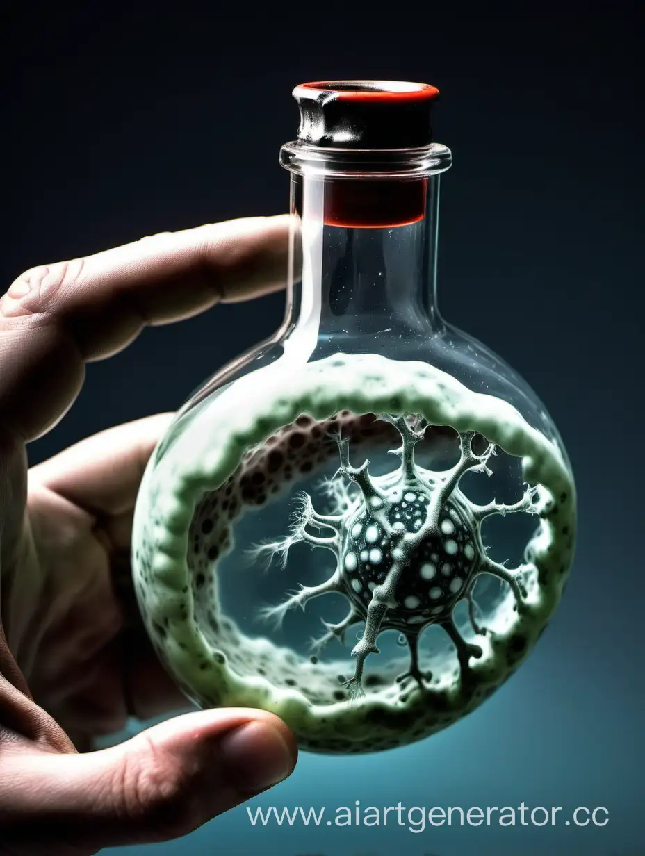 Scientist-Holding-Glass-Flask-with-Mutated-Mold