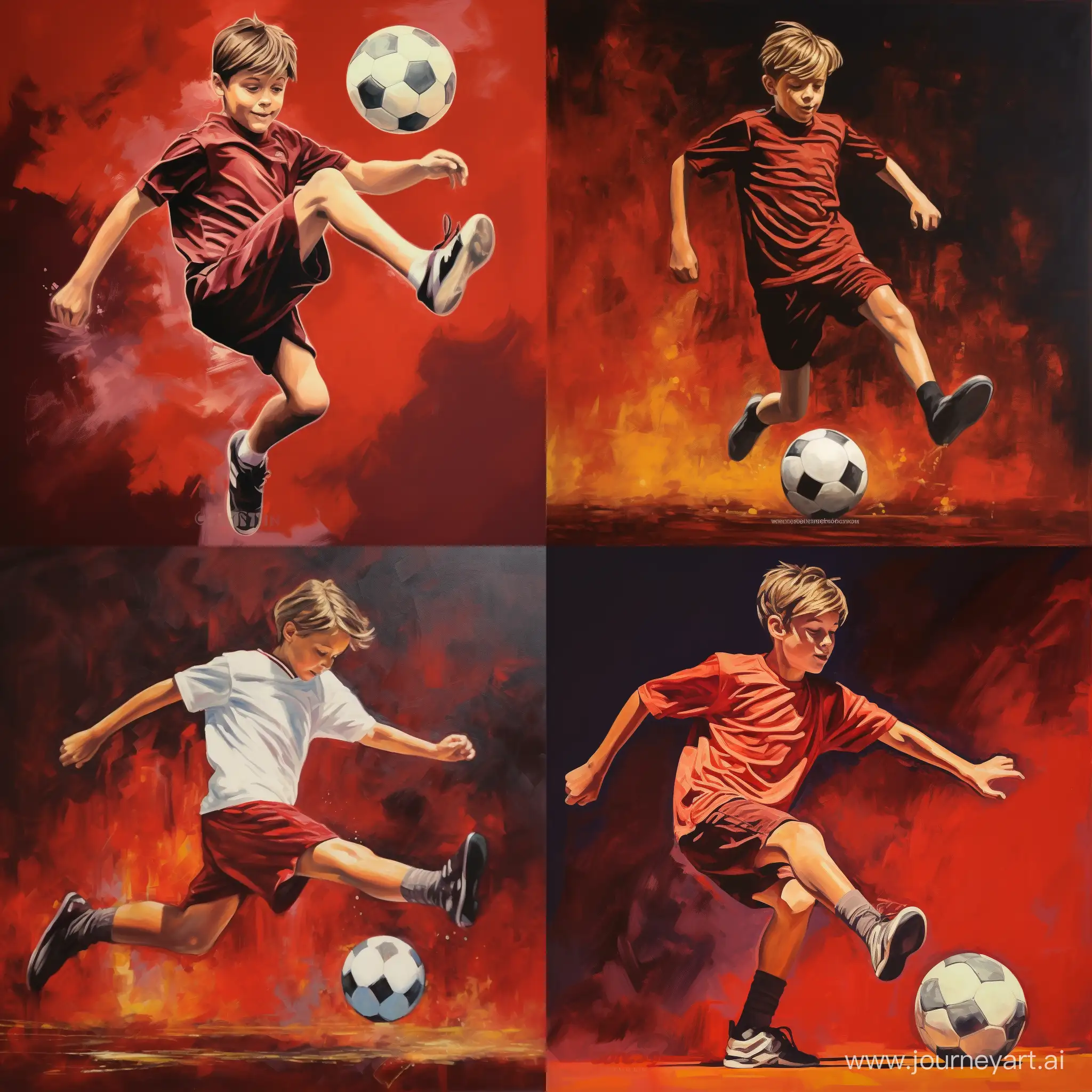 Юноша 10 лет, размахивается ногой для удара по футбольному мячу на тёмно-красном фоне. Сверху картинки оставить место для надписи
