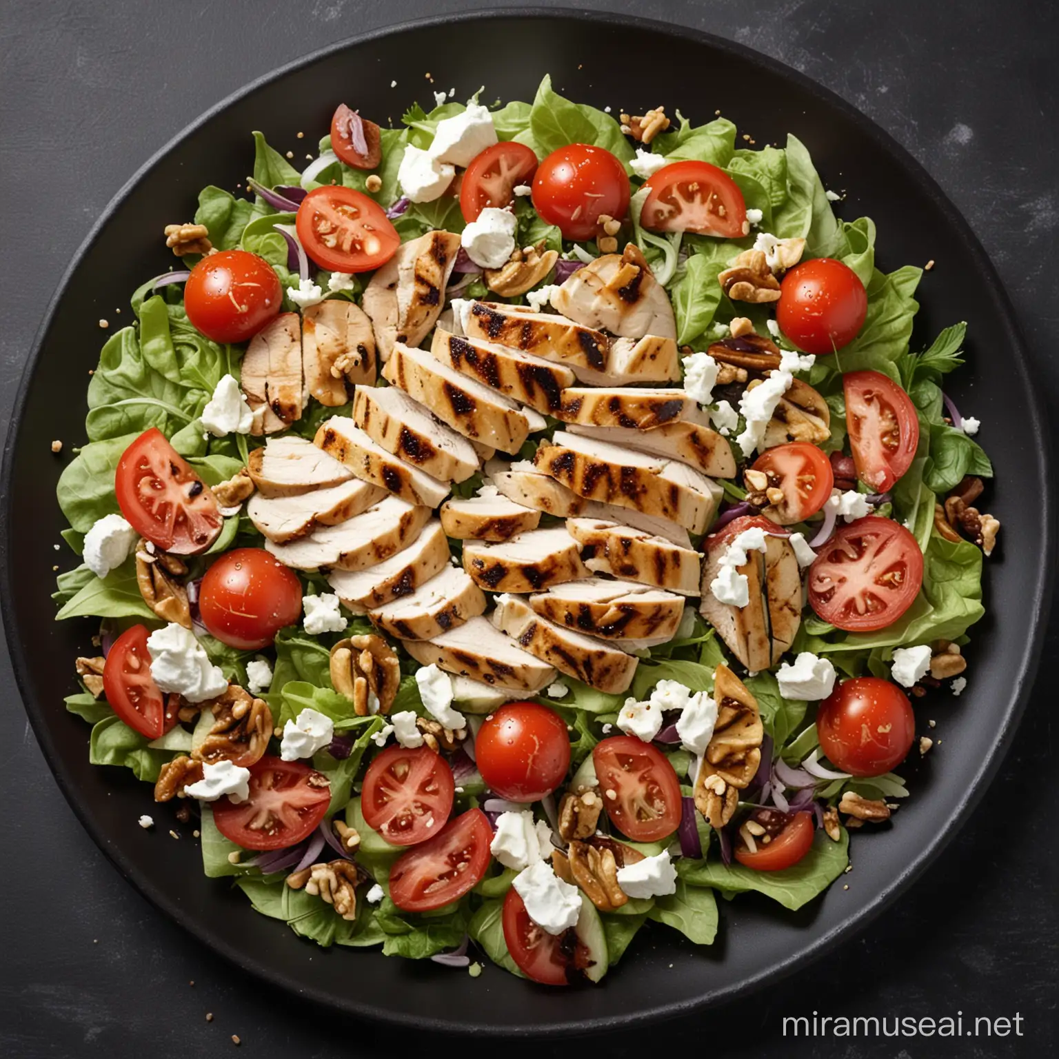 Insalata Mista con Pollo Grigliato a fette, ricotta, pomodori e Noci inquadrata dall'alto in piatto nero