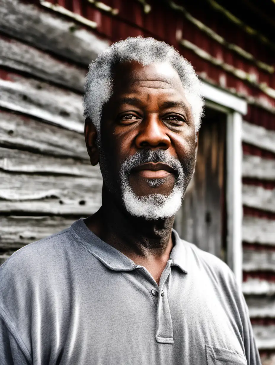 65 year old black man with grey hair, light grey beard, standing in front of barn with straight face