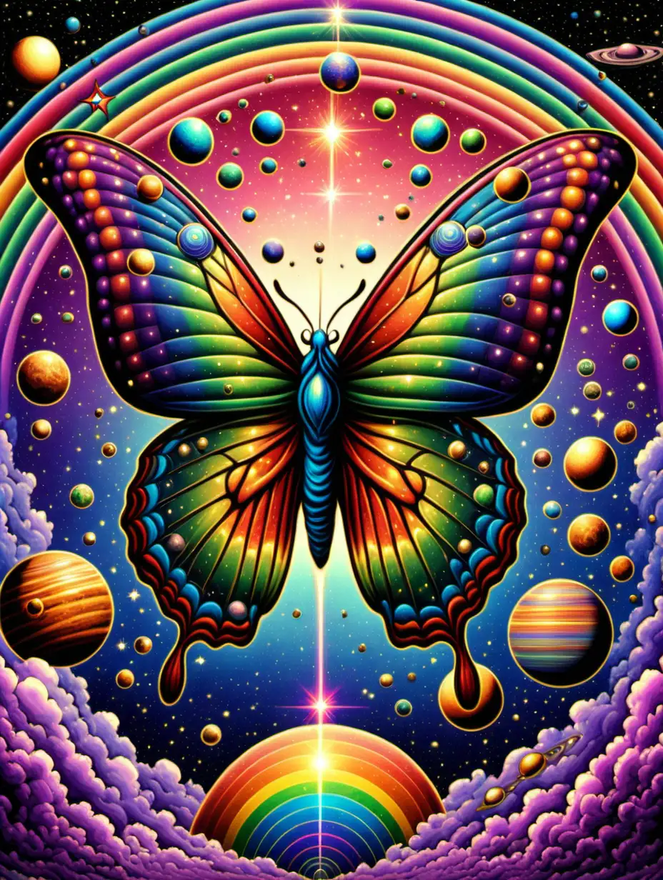Cosmic Butterfly with Sacred Geometry and Rainbow Stars