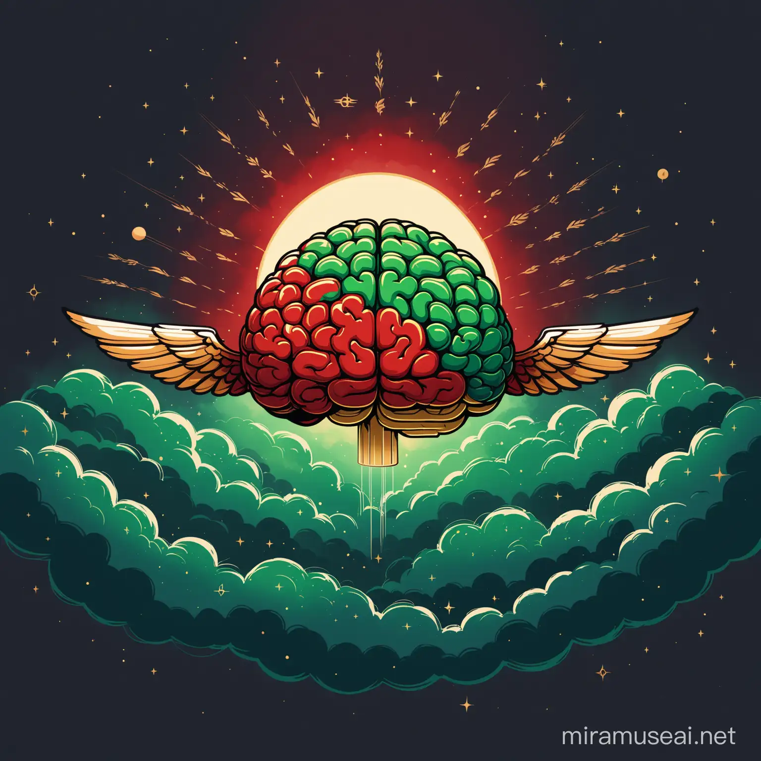 a minimal dark painting of a green red and gold brain with wings flying on clouds