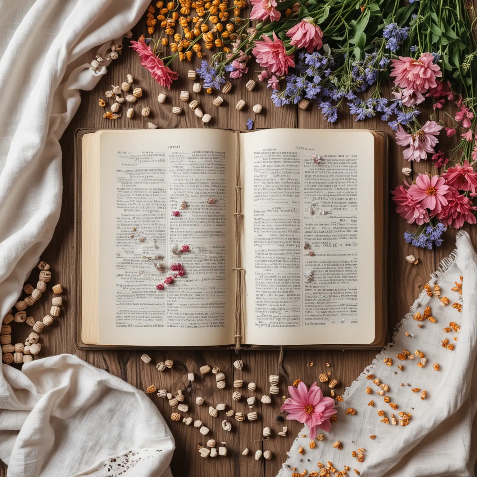 Flat lay, open book on a table surrounded by flowers, wooden beads
