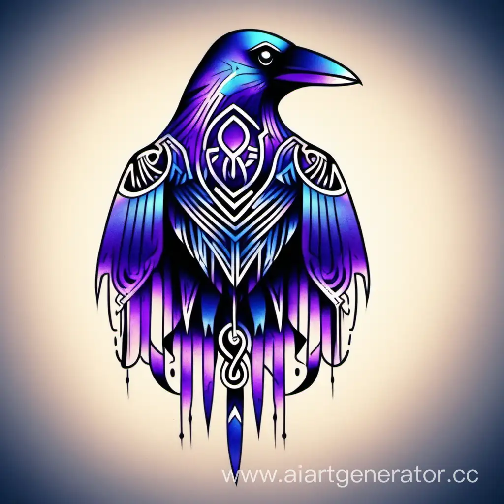 Татуировка в виде вороны в фиолетовом и синем цвете