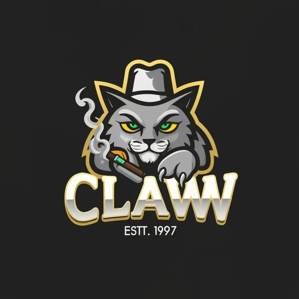 a logo design,with the text "CLAW", main symbol:mobster cat with a mane in a black bowler hat and a cigar in his mouth,Moderate,be used in Finance industry,clear background