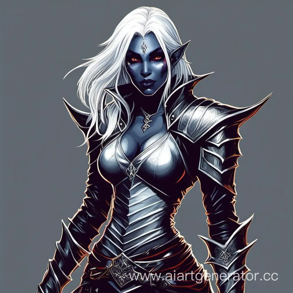 Drow, dagger, crop top leather armor, white eyes, fantasy, white medium length hairstyle, rouge, d&d, illustration, beauty, in full growth