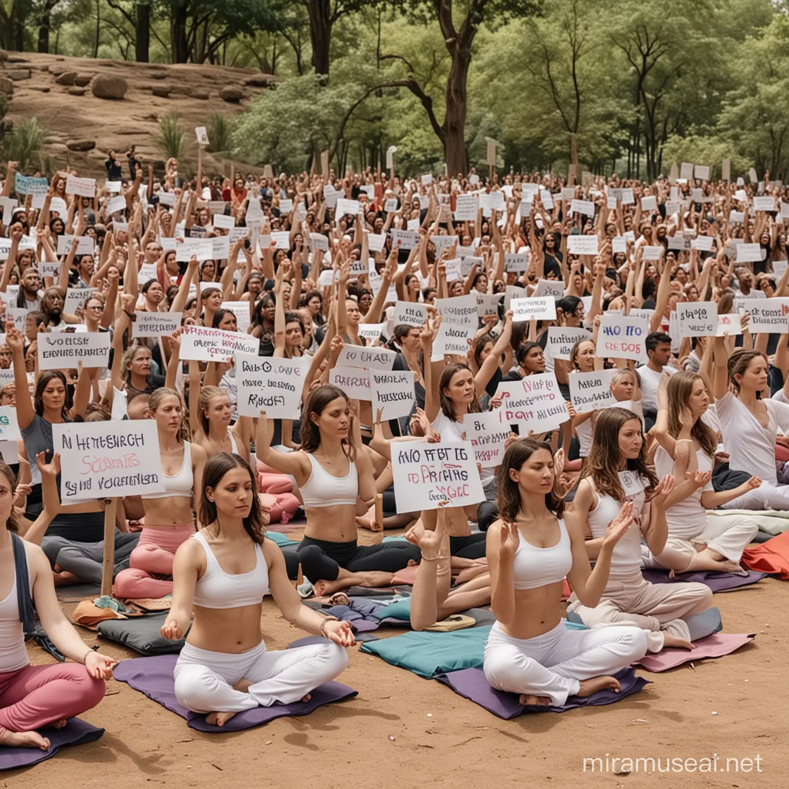 Manifestazione dove tutti sono seduti in posizione di meditazione con cartelli in mano con scritto "no al patriarcato yogico"