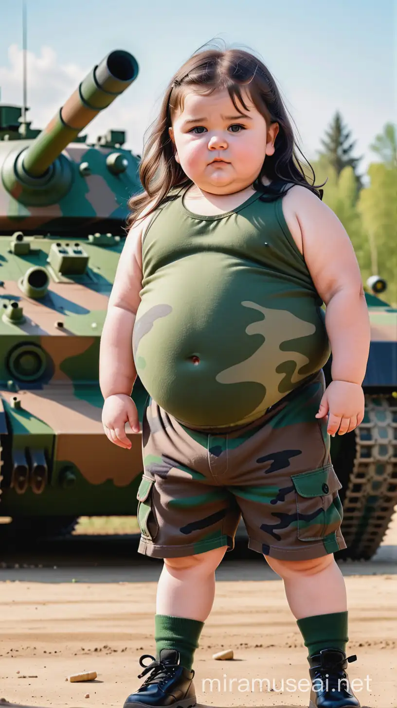 Очень толстая жирная девочка ребенок с темными длинными волосами в военной камуфляжной форме стоит на военном полигоне а на заднем плане стоит большой танк
