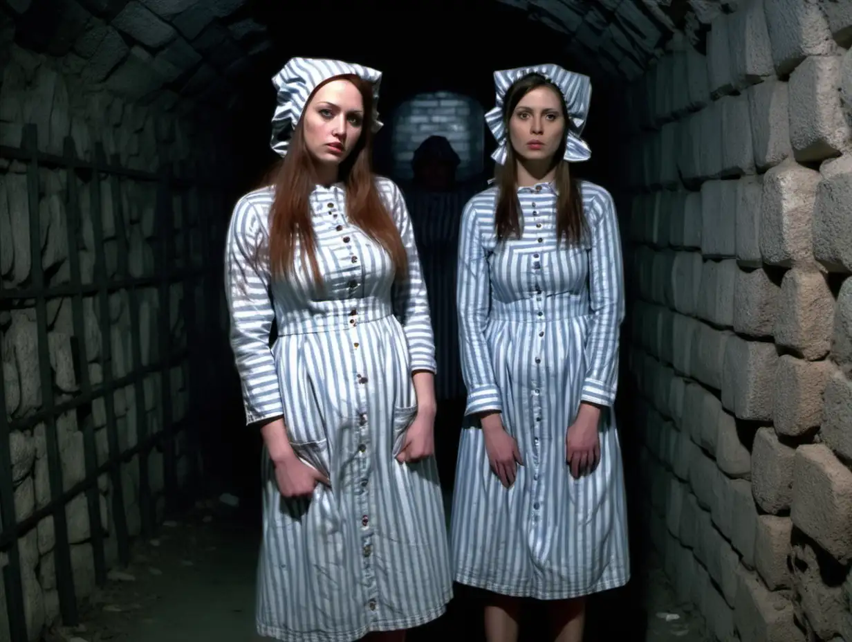 Two busty prisoner woman (30 years old, same dress) stand (far from each other)in a dungeoncell (Stone walls) in dirty ragged blue-white vertical striped longsleeve midi-length buttoned gowndress(smallshortbonnet, collarless, roundneck, sad and desperate), look into camera, warm colors