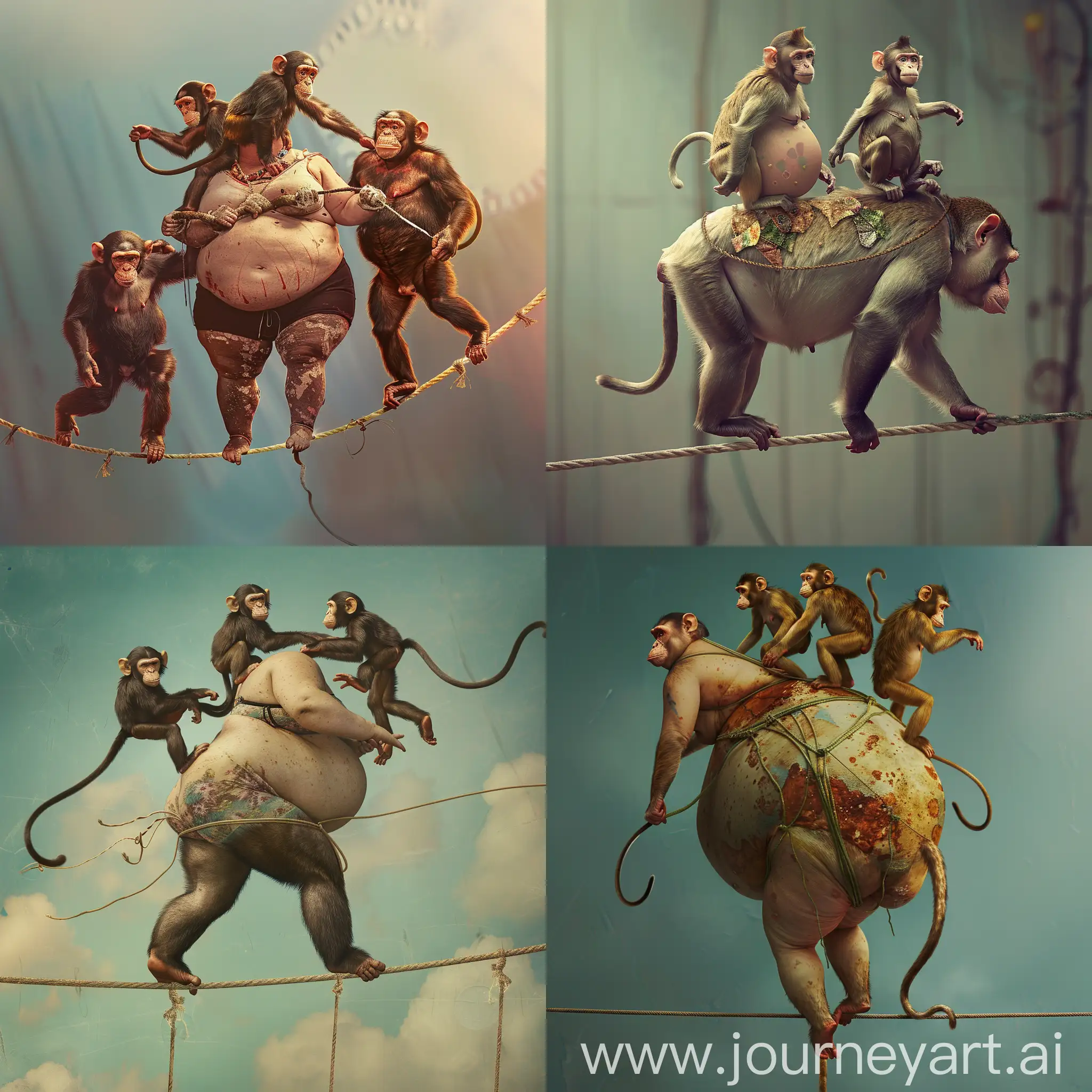 4 ugly monkeys on the back of a fat and beautiful girl walking on a tightrope in a talent show