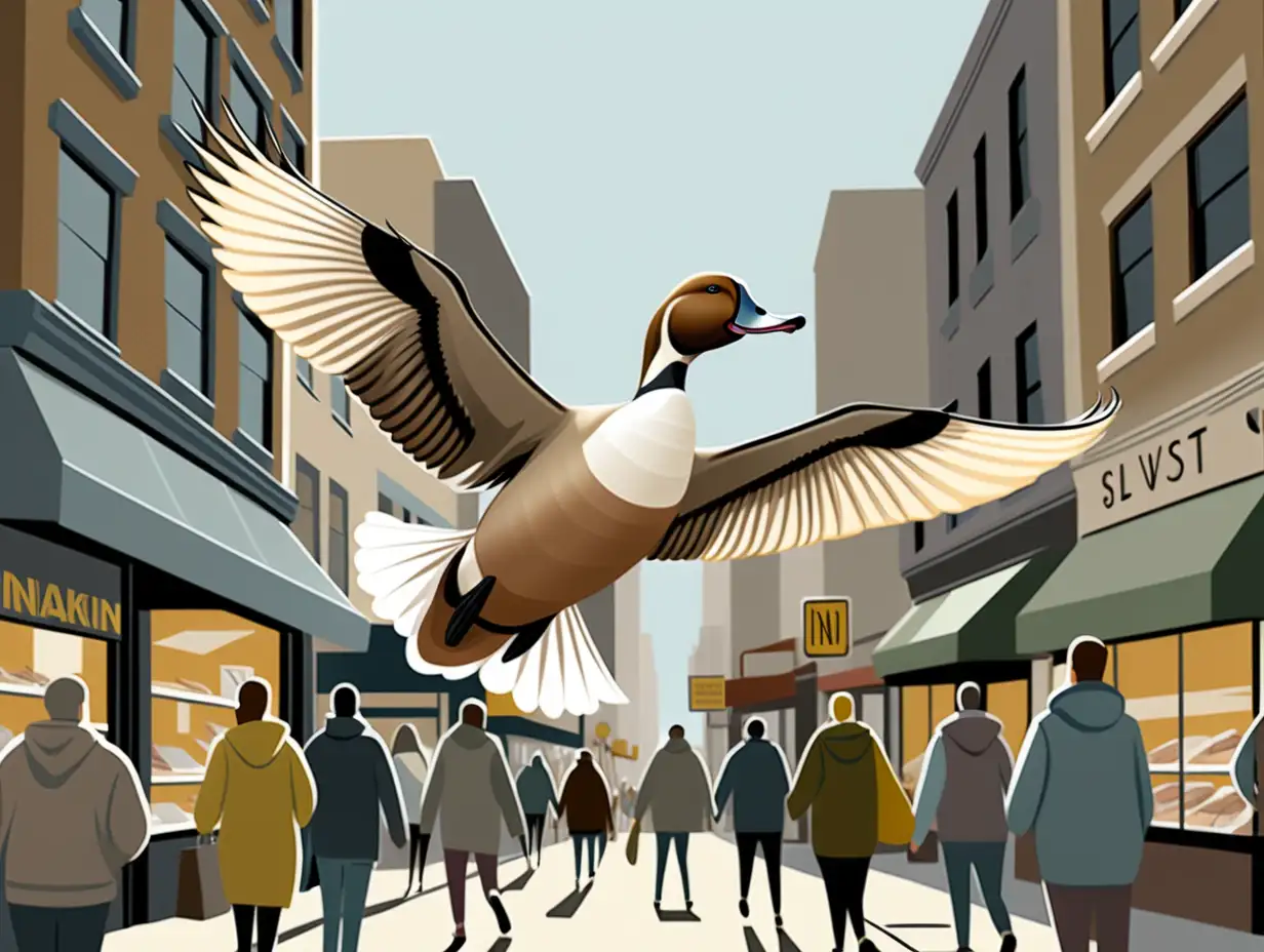 Illustration  One Northern Pintail Duck flying over a busy street with lots of people and stores
