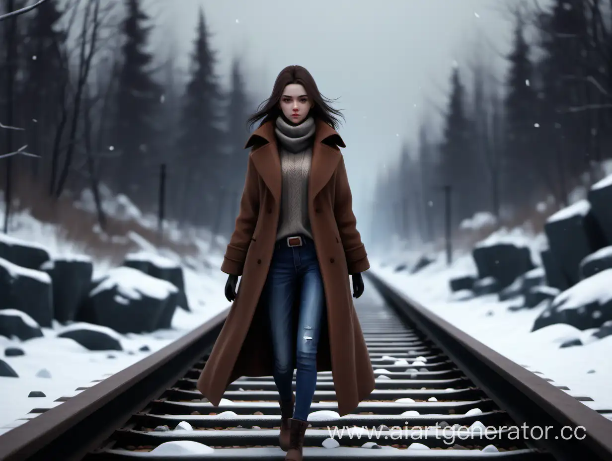 девушка одетая в джинсы и коричневое пальто идет вдоль железной дороги, вокруг зима, скалы, в стиле игры long dark