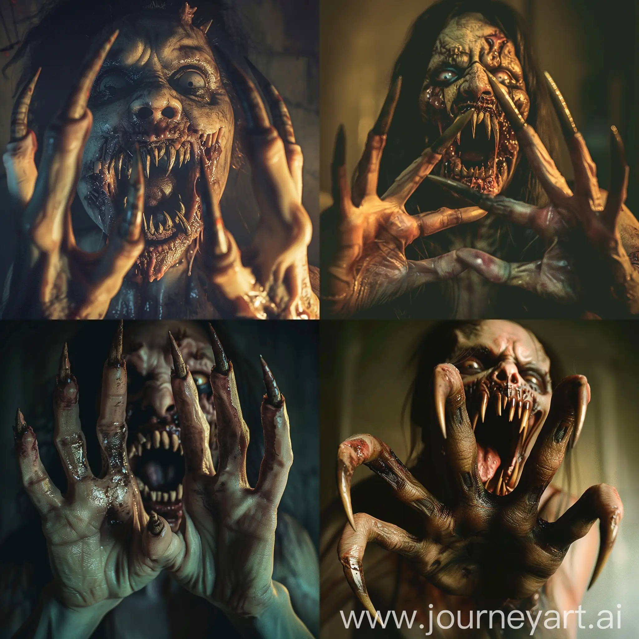 a photorealistic and horrifying nightmare scene of a zombie female with long pointed dirty nails protruding from each of the five detailed and realistic human fingers The zombie's menacingly open mouth reveals pointed teeth resembling fangs under atmospheric lighting in a full anatomical depiction, set in a night-time setting that is very clear without flaws.