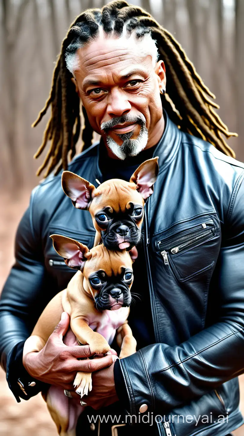 A gorgeous light-skinned  black man with dreadlocks with sage wisdom in his blue eyes and chiseled features in his 50s  with a muscular physique and wearing leather jacket and pants holding a tiny sweet-faced little fawn colored boxer puppy in  his arms

