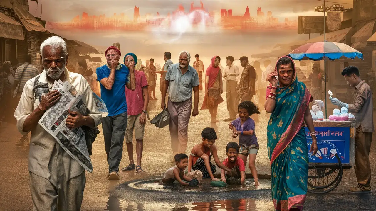 Generate a realistic image capturing the effects of the hottest day in India. Show people of different ages and backgrounds visibly suffering from the heat
