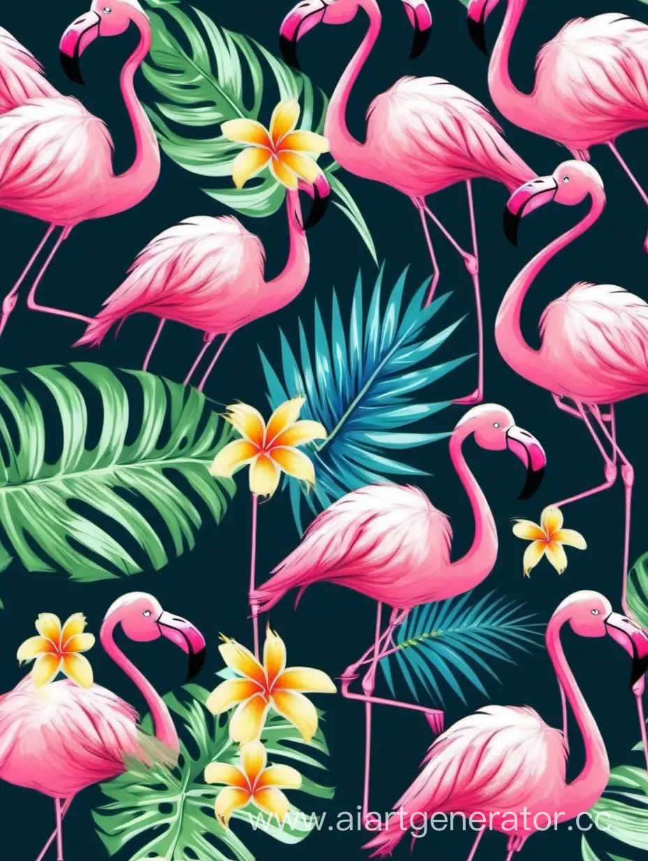 smalls flamingos in tropical with leaves and flowers seamless pattern in hawaiian style