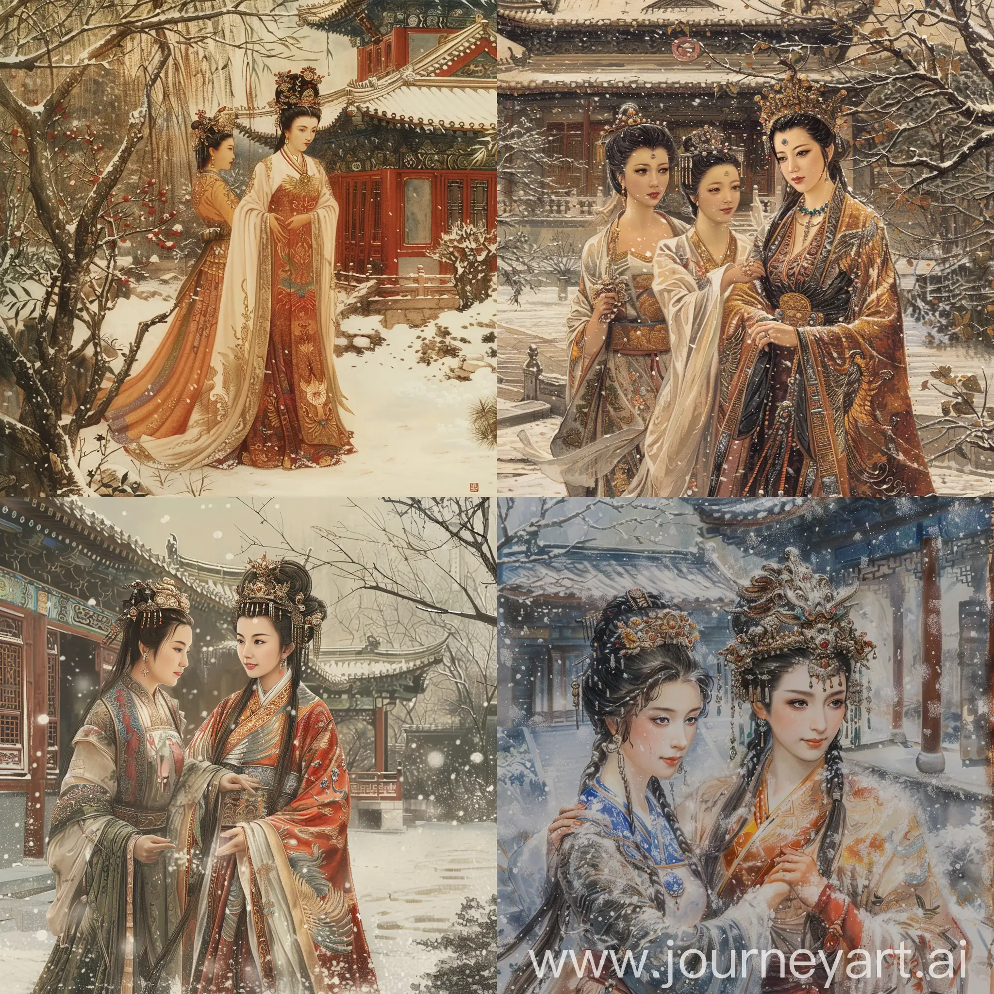 Chinese-Empress-and-Maid-Enjoying-Snow-in-Imperial-Garden