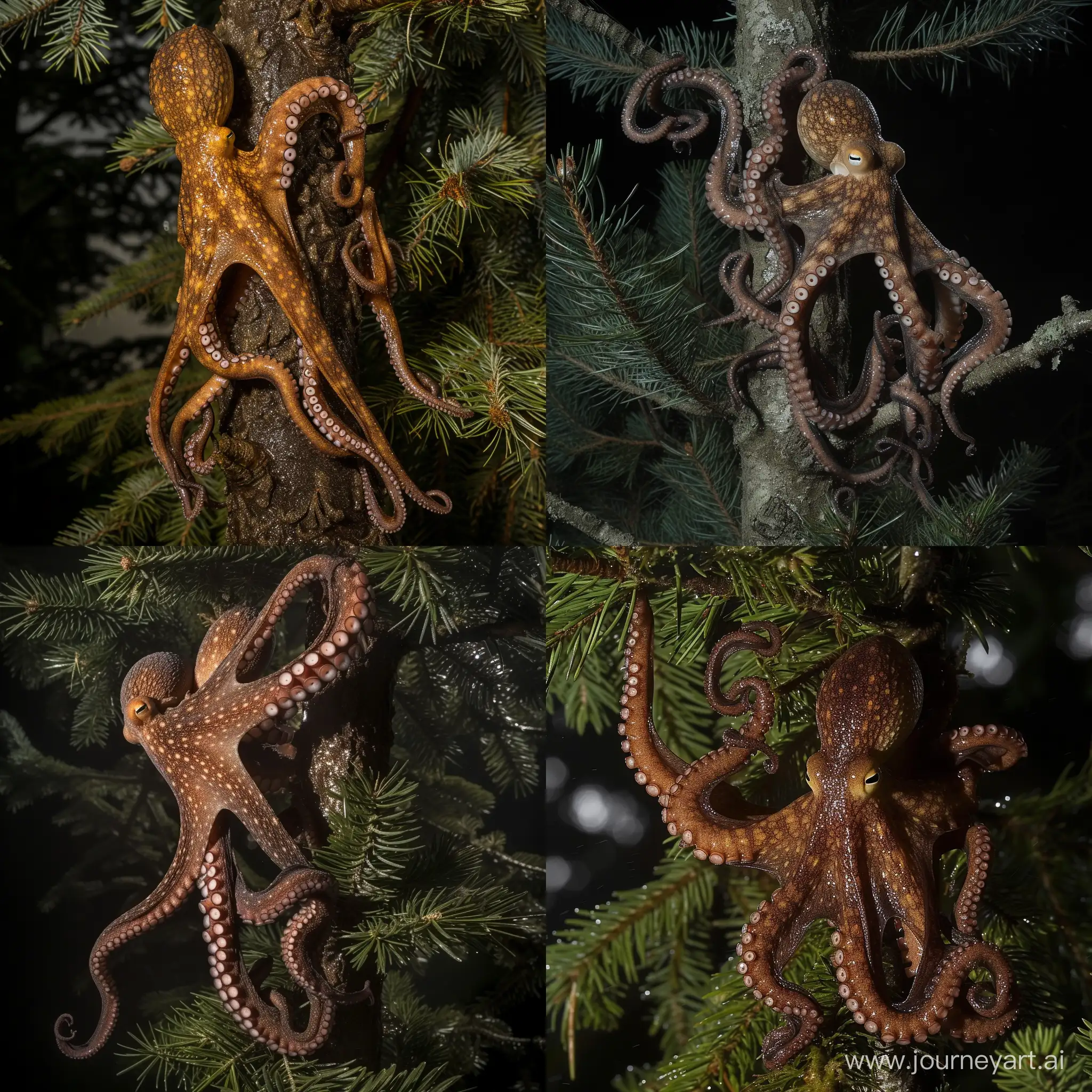 award winning wildlife photo of an wet mottled brown octopus climbing up think pine tree, tentacles wrapped around the branches, body pressed against the tree, temperate pine rainforest, flash photography, telephoto lens, canon camera, extreme wide shot, side view, shadows, specular highlights, Frans Lanting, nature documentary