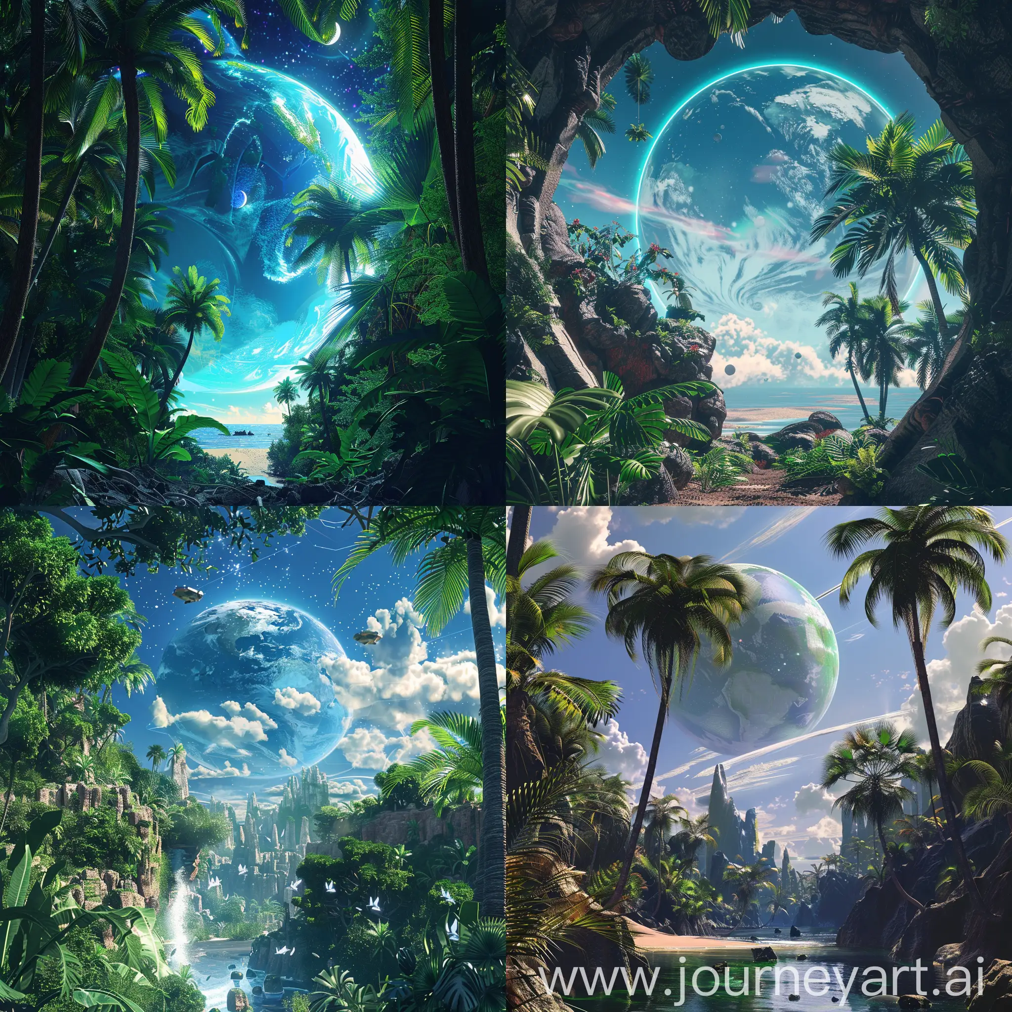 Tropical-Paradise-at-Uran-with-Sky-View-of-Planet-Earth-in-Cyberpunk-Style