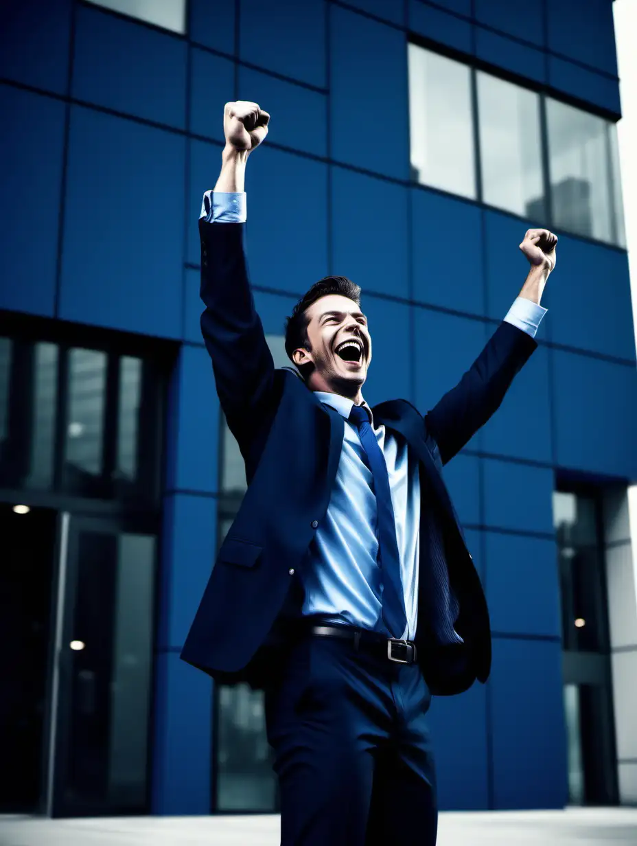 generate a film photo. a sales rep just left a building after winning a large deal. He is happy. arms in the air. dark blue theme.