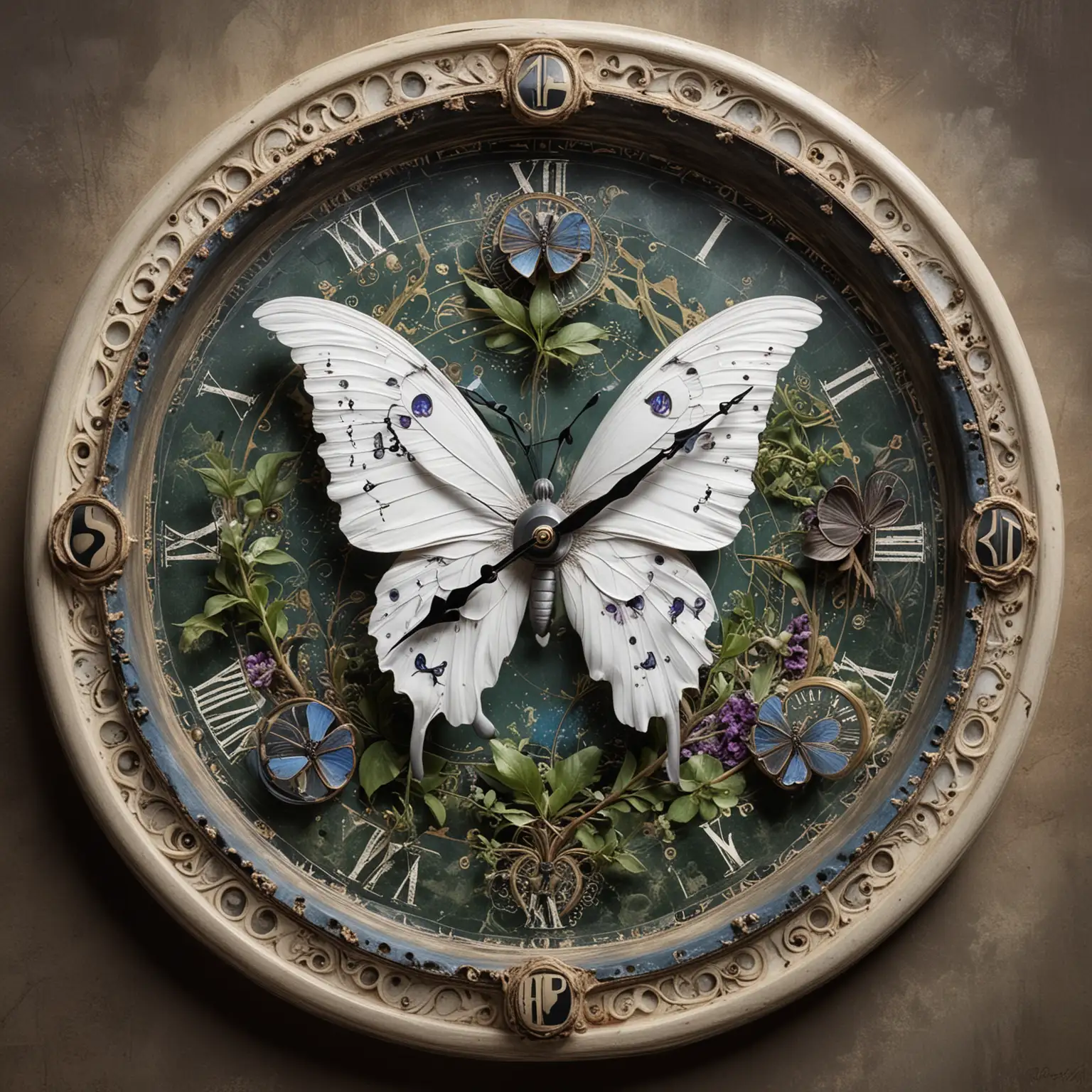 Fantasy image. A clock face with a butterfly visible on it. Characteristics of the butterfly: the right wing is black and purple, the left wing is white and blue. At 12 o'clock there is a sun symbol. At 6 o'clock there is a moon symbol. At 3 o'clock there is a bat symbol. At 9 o'clock there is a symbol of a white dove. The right side of the clock face is green with plant motifs. The left side of the clock is darker, brownish-black in color with thorn motifs. A magical background with a clock, full of alchemical symbols.