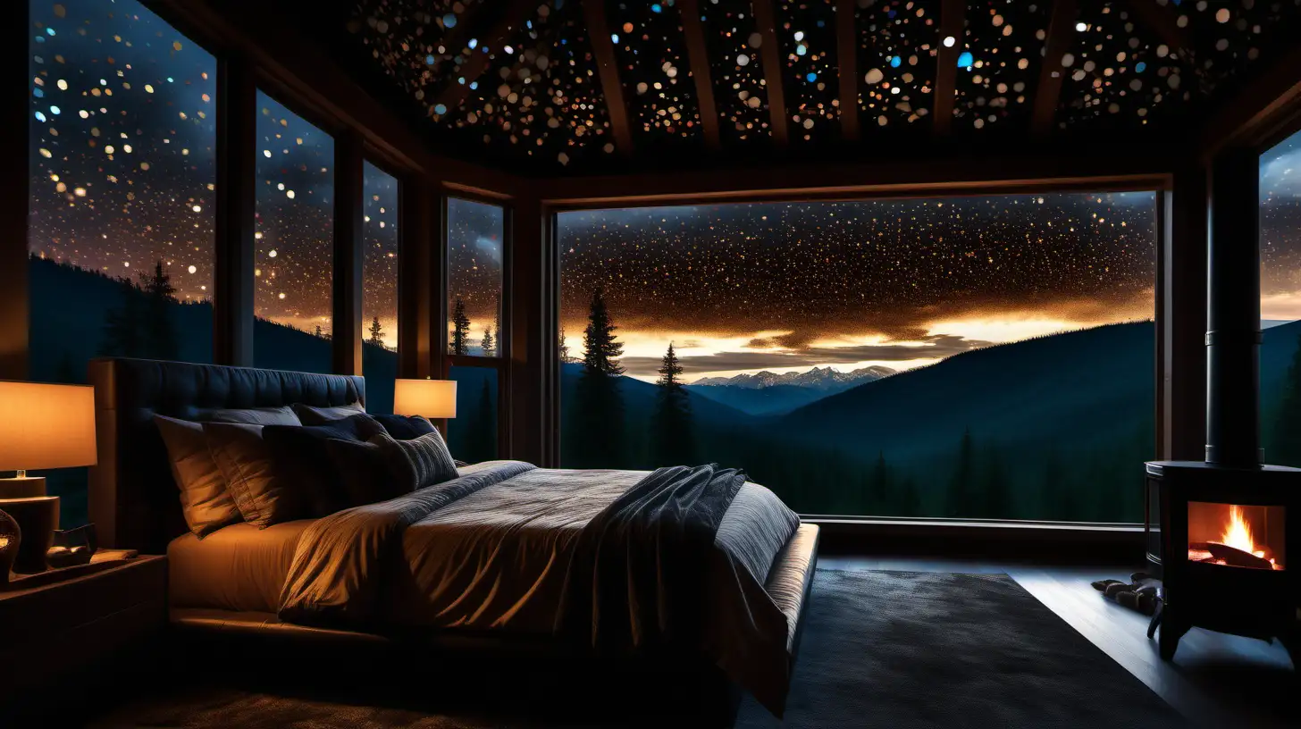 A bedroom with large windows showing a sky view in the style of dark chiaroscuro lighting confetti-like dots, 32k uhd, elaborate artistic environments, cabin core, fireplace across from bed, 
high definition, pacific northwest landscapes