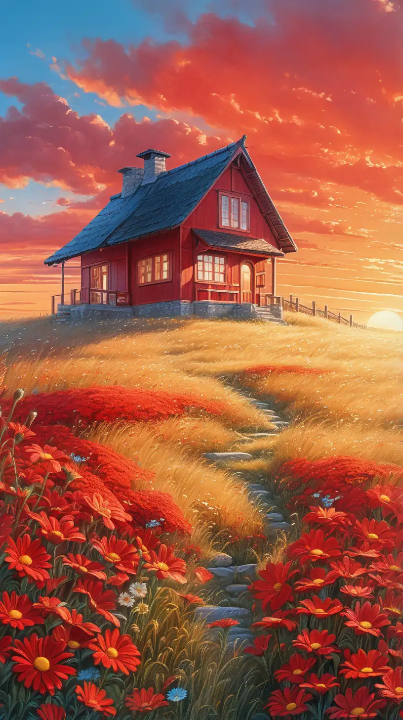 majestic vibrant red sky and fluffy cloud in sunset, one simple little house the middle of red daisy flowers meadow, no path , high golden grass grow in vibrant mystical vibes, from distance birds fly to horizon, ultra detailed, high resolution, best composition, illustration, acrylic palette knife, makoto shinkai style, Codex_401 style, Mystica_meta style, ghibli vibes, ultra detailed, render, stable diffusion, trending puxiv fanbox, --ar MJ V 6.0 , photo view from eye sight. 