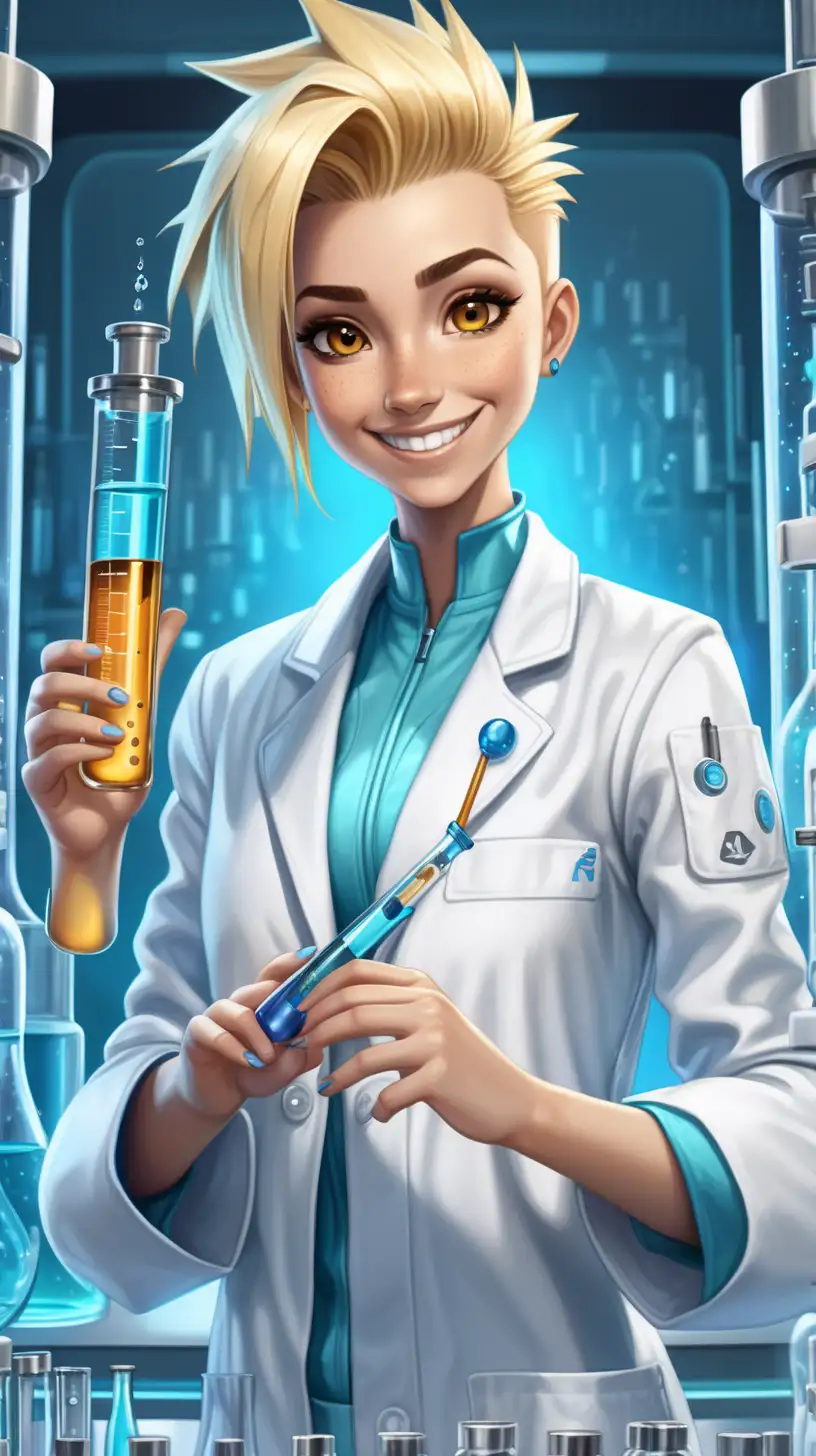 Cheerful Female Scientist in Futuristic Laboratory Holding Test Tube