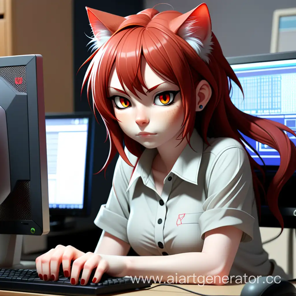 Неко-тян с красными волосами в рубашке за компьютером 