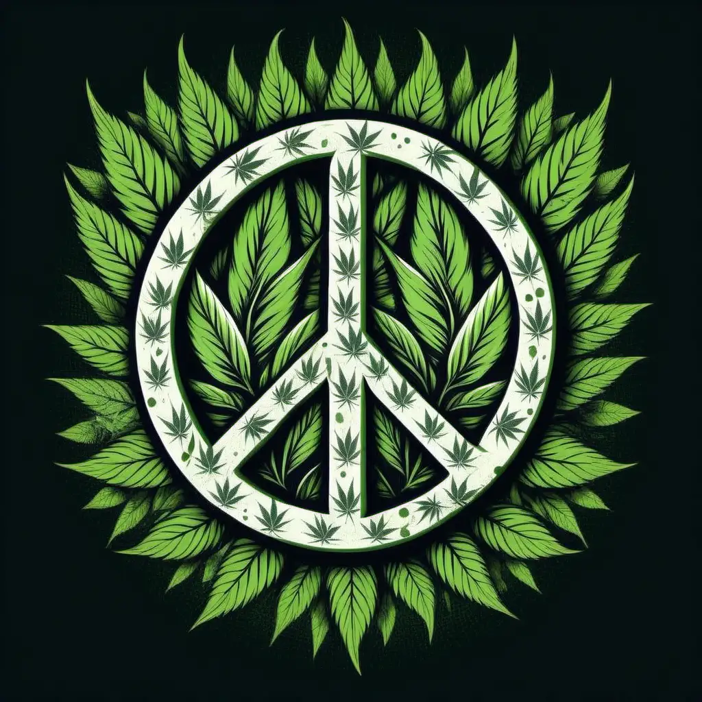 Design peace sign ,tshirt vector with bold, contrasting colors and unique textures,white background, can you incorporate a weed leaf 