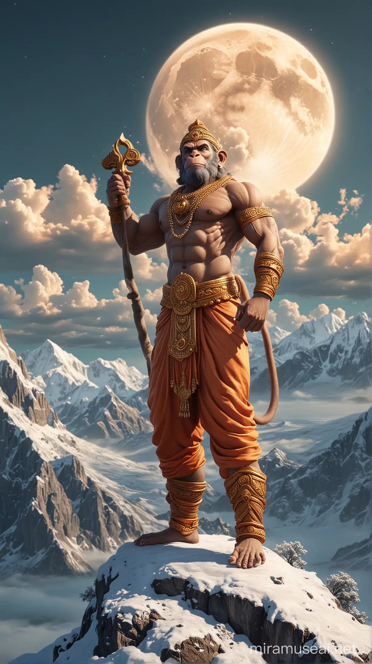 A majestic 3D render of Lord Hanuman, the divine monkey god, perched atop a towering, snow-capped mountain. The full moon casts a soft glow on his figure, revealing his muscular form and vibrant attire. The sky is filled with illuminated clouds, and the mountain is surrounded by a vast, uncharted landscape. Hanuman exudes an aura of spiritual strength and enlightenment, inspiring a sense of peace and wonder., 3d render